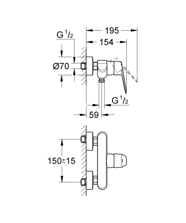 Baterie de dus Grohe 33569002, 1 bar, 172 mm, 154 mm, 2 orificii instalare, 1/2 dimensiune racord furtun, Crom [2]