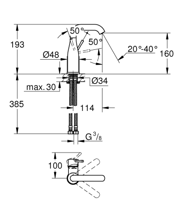 Baterie de lavoar Grohe 23463001, 28 mm, 1 bar, 35 mm, 193 mm, 114 mm, 385 mm, 1 orificii instalare, Crom [2]