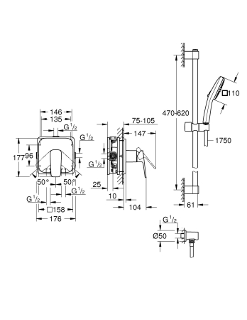 Baterie dus Grohe 1053350000, 0.8 bar, 146 mm, 158 mm, 110 mm, 1.75 m, 600 mm, 2 orificii instalare, Crom [3]