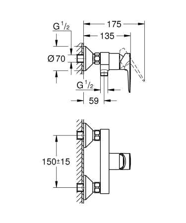Baterie dus Grohe 24197001, 1 bar, 255 mm, 114 mm, 2 orificii instalare, 1/2 dimensiune racord furtun, Crom [5]