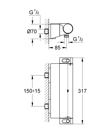 Baterie dus Grohe 34469001, 1 bar, 79 mm, 313 mm, 2 orificii instalare, 1/2 dimensiune racord furtun, Crom [6]