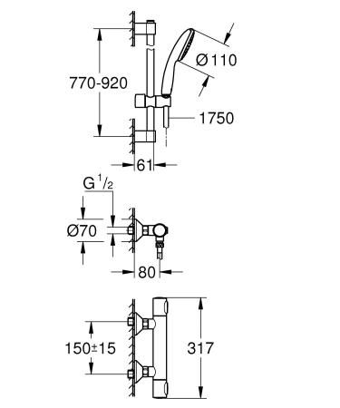 Baterie dus Grohe 34797001, 0.8 bar, 81 mm, 305 mm, 110 mm, 1.5 m, 600 mm, 2 orificii instalare, Crom [4]