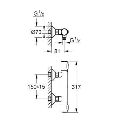 Baterie dus Grohe 34840000, 1 bar, 317 mm, 72 mm, 2 orificii instalare, 1/2 dimensiune racord furtun, Crom [5]