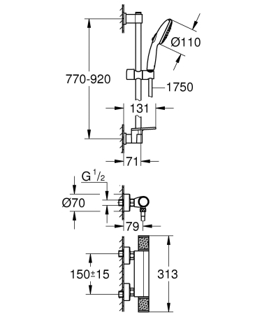 Baterie dus Grohe 34853001, 0.8 bar, 80 mm, 317 mm, 110 mm, 1.75 m, 900 mm, 2 orificii instalare, Crom [4]