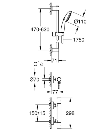 Baterie dus Grohe 34856000, 0.8 bar, 81 mm, 305 mm, 110 mm, 1.75 m, 600 mm, 2 orificii instalare, Crom [3]