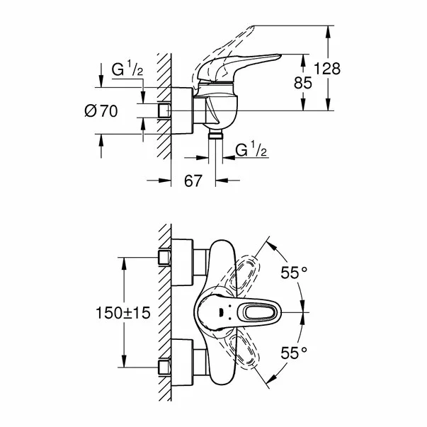 Baterie dus Grohe 33590003, 1 bar, 212 mm, 82 mm, 2 orificii instalare, 1/2 dimensiune racord furtun, Crom [1]