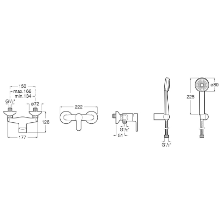 Baterie dus Roca A5A206AC0K, 0.6 bar, 80 mm, 1.7 m, 133 mm, 215 mm, 2 orificii instalare, 1 functii para dus, Crom [1]