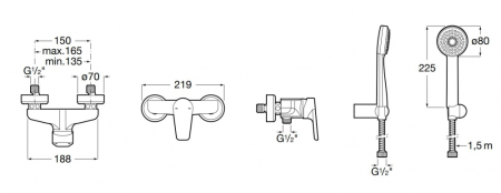 Baterie dus Roca A5A2A1BC0K, 0.6 bar, 80 mm, 1.7 m, 133 mm, 219 mm, 2 orificii instalare, 1 functii para dus, Crom [1]