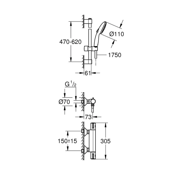 Baterie dus Grohe 34565002, 0.8 bar, 73 mm, 305 mm, 110 mm, 1.5 m, 600 mm, 2 orificii instalare, Crom [1]