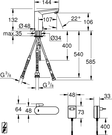 Baterie lavoar cu senzor Grohe 36324001, 1 bar, 132 mm, 144 mm, 550 mm, 7 programe, 1 orificii instalare, Crom [1]