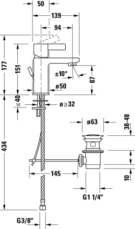 Baterie lavoar Duravit DE1010001010, 35 mm, 5 l/min, 0.8 bar, 161 mm, 139 mm, 434 mm, 1 orificii instalare, Crom [2]