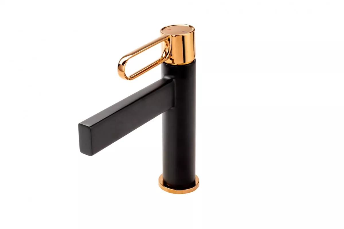 Baterii sanitare - Baterie lavoar FDesin Zaffiro FD1-ZFR-2-25, 3/8'', marimea M, monocomanda, ventil, mat, negru / cupru