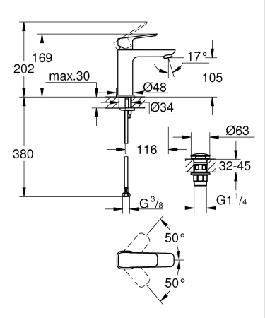 Baterie lavoar Grohe 1017522430, 28 mm, 5 l/min, 0.6 bar, 35 mm, 169 mm, 116 mm, 380 mm, 1 orificii instalare, Negru [3]