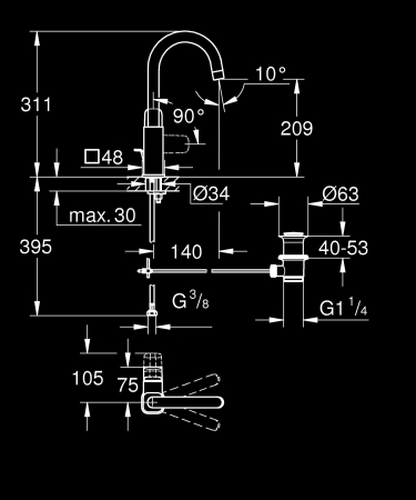 Baterie lavoar Grohe 1017670000, 28 mm, 5 l/min, 0.6 bar, 35 mm, 311 mm, 140 mm, 395 mm, 1 orificii instalare, Crom [4]