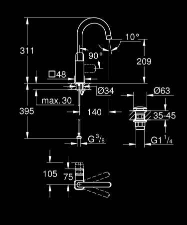 Baterie lavoar Grohe 1017710000, 28 mm, 5 l/min, 0.6 bar, 35 mm, 311 mm, 140 mm, 395 mm, 1 orificii instalare, Crom [5]