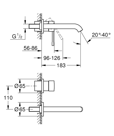 Baterie lavoar Grohe 19408DA1, Essence, 1/2'', pe perete, 180 mm, necesita valva, lucios, cupru [1]