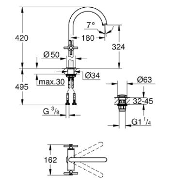 Baterie lavoar Grohe 21044003, 1 bar, 35 mm, 420 mm, 180 mm, 495 mm, 1 orificii instalare, 3/8 dimensiune racord, Crom [2]