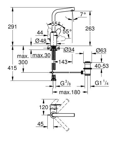 Baterie lavoar Grohe 23054003, 1 bar, 35 mm, 291 mm, 143 mm, 415 mm, 1 orificii instalare, 3/8 dimensiune racord, Crom [4]
