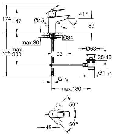 Baterie lavoar Grohe 23335001, 1 bar, 35 mm, 147 mm, 93 mm, 398 mm, 1 orificii instalare, 3/8 dimensiune racord, Crom [5]