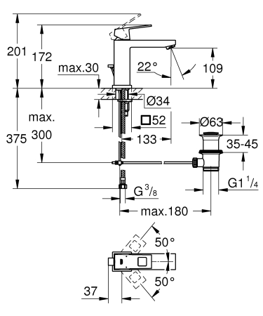 Baterie lavoar Grohe 23445AL0, Eurocube, 3/8'', marimea M, ventil cu tija, mat, grafit [3]