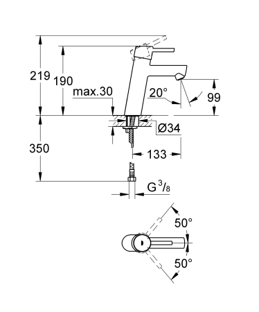 Baterie lavoar Grohe 23451001, 28 mm, 5.7 l/min, 0.3 bar, 35 mm, 190 mm, 133 mm, 485 mm, 1 orificii instalare, Crom [2]