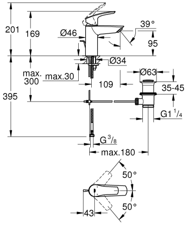 Baterie lavoar Grohe 23456003, 28 mm, 5 l/min, 0.8 bar, 35 mm, 169 mm, 109 mm, 395 mm, 1 orificii instalare, Crom [6]