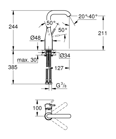Baterie lavoar Grohe 23541001, 28 mm, 1 bar, 35 mm, 244 mm, 127 mm, 385 mm, 1 orificii instalare, Crom [3]