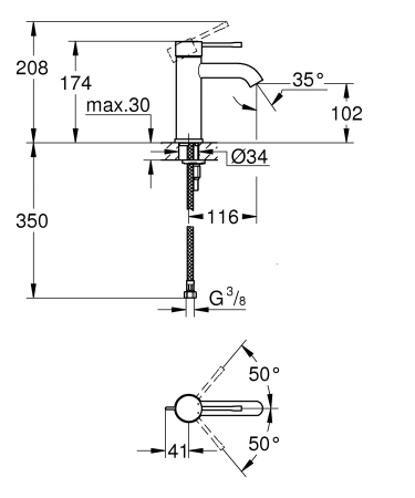 Baterie lavoar Grohe 23590001, 28 mm, 5.7 l/min, 0.3 bar, 35 mm, 174 mm, 116 mm, 360 mm, 1 orificii instalare, Crom [6]