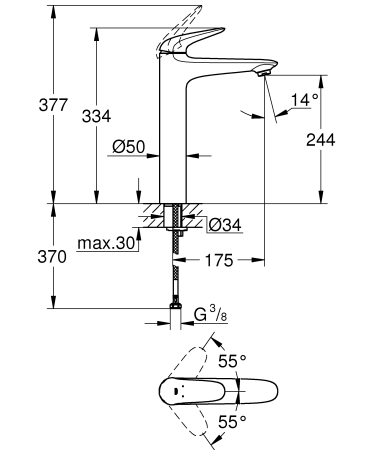 Baterie lavoar Grohe 23719003, 35 mm, 5.7 l/min, 1 bar, 334 mm, 175 mm, 2.25 kg, 370 mm, 1 orificii instalare, Crom [4]