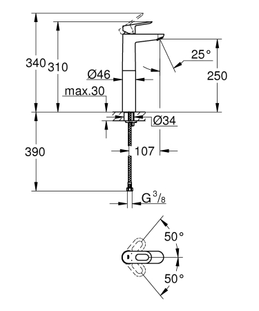 Baterie lavoar Grohe 23764000, 28 mm, 5.7 l/min, 1 bar, 35 mm, 310 mm, 107 mm, 390 mm, 1 orificii instalare, Crom [1]