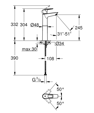 Baterie lavoar Grohe 23764001, 1 bar, 35 mm, 304 mm, 108 mm, 390 mm, 1 orificii instalare, 3/8 dimensiune racord, Crom [4]