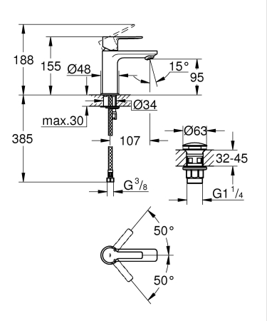 Baterie lavoar Grohe 237912431, Lineare, tip comanda monocomanda, marime m, tip instalare pe blat, pe lavoar, negru [6]
