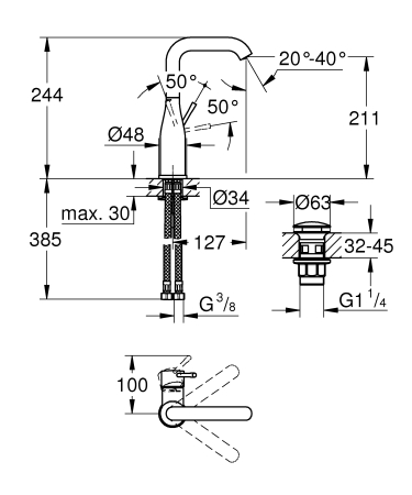 Baterie lavoar Grohe 23799001, 28 mm, 1 bar, 35 mm, 244 mm, 127 mm, 385 mm, 1 orificii instalare, Crom [1]
