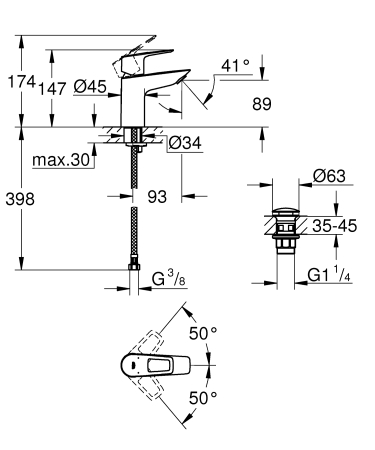Baterie lavoar Grohe 23878001, 1 bar, 35 mm, 147 mm, 93 mm, 398 mm, 1 orificii instalare, 3/8 dimensiune racord, Crom [5]