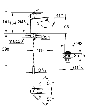 Baterie lavoar Grohe 23886001, 1 bar, 35 mm, 164 mm, 109 mm, 398 mm, 1 orificii instalare, 3/8 dimensiune racord, Crom [4]