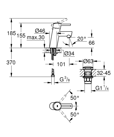 Baterie lavoar Grohe 23931001, 28 mm, 5.7 l/min, 0.3 bar, 35 mm, 155 mm, 101 mm, 370 mm, 1 orificii instalare, Crom [1]