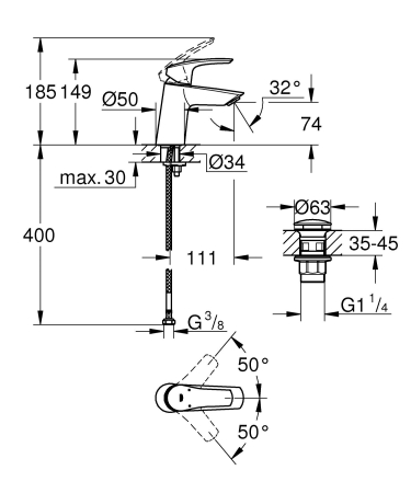 Baterie lavoar Grohe 239682433, 28 mm, 5 l/min, 0.8 bar, 35 mm, 149 mm, 111 mm, 400 mm, 1 orificii instalare, Negru [3]