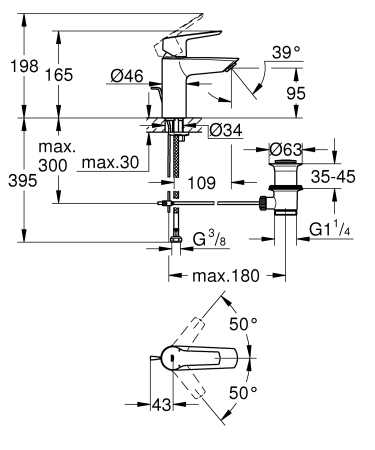 Baterie lavoar Grohe 24209002, 1 bar, 35 mm, 165 mm, 109 mm, 395 mm, 1 orificii instalare, 3/8 dimensiune racord, Crom [6]