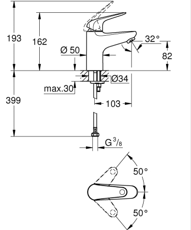 Baterie lavoar Grohe 24317001, 28 mm, 5 l/min, 0.8 bar, 35 mm, 162 mm, 103 mm, 399 mm, 1 orificii instalare, Crom [6]