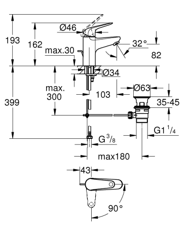 Baterie lavoar Grohe 24322001, 28 mm, 5 l/min, 0.8 bar, 35 mm, 167 mm, 103 mm, 400 mm, 1 orificii instalare, Crom [7]
