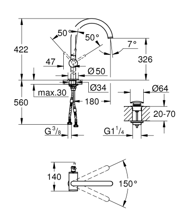 Baterie lavoar Grohe 32647AL3, Atrio, 3/8'', marimea XL, pivotanta, ventil push to open, mat, grafit [2]