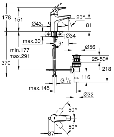 Baterie lavoar Grohe 32805000, BauCurve, tip comanda monocomanda, tip instalare pe lavoar, marime s, crom [5]