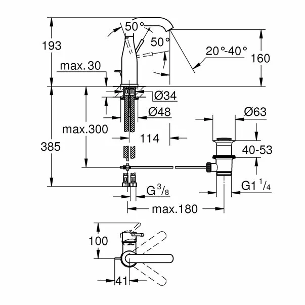 Baterie lavoar Grohe 23462001, 28 mm, 5.7 l/min, 1 bar, 35 mm, 193 mm, 114 mm, 1.67 kg, 385 mm, Crom [2]