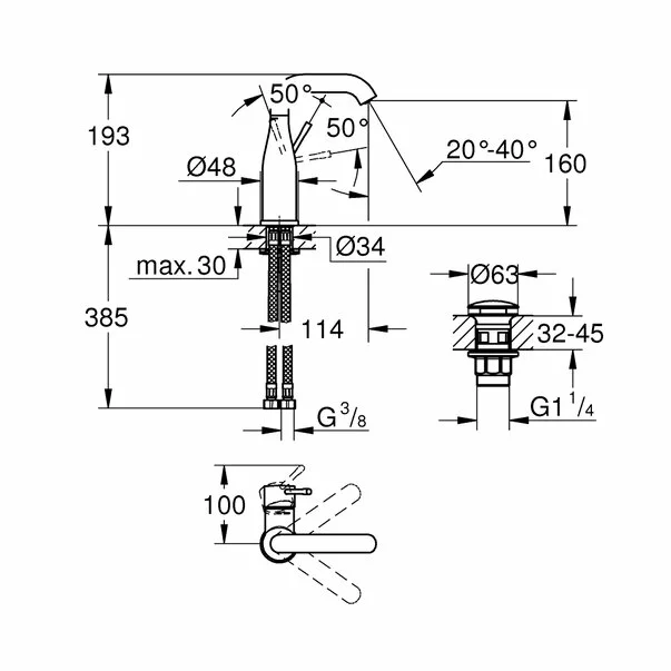 Baterie lavoar Grohe 23798001, 1 bar, 35 mm, 193 mm, 114 mm, 385 mm, 1 orificii instalare, 3/8 dimensiune racord, Crom [1]