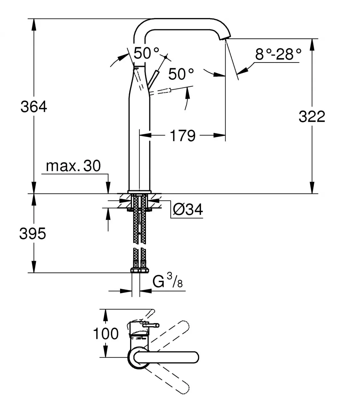 Baterie lavoar Grohe Essence, XL, 364 mm, pivotanta, mat, otel satinat, 32901DC1 [3]