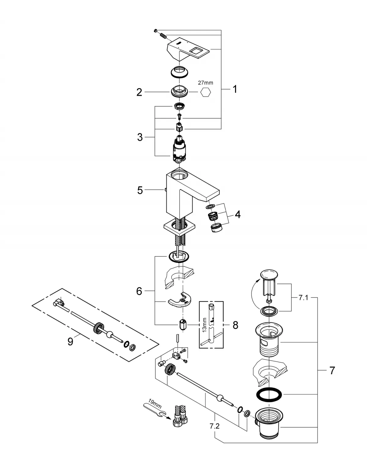 Baterie lavoar Grohe Eurocube 2312700E, 3/8'', M, 157 mm, ECO, ventil, crom [5]