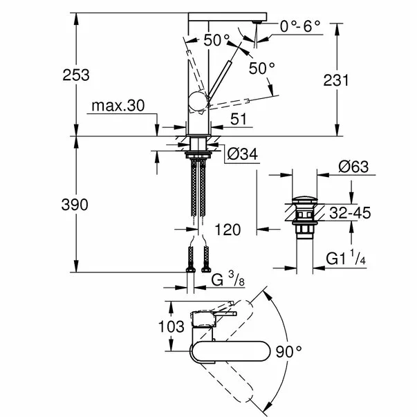 Baterie lavoar Grohe 23873003, 28 mm, 5.7 l/min, 1 bar, 35 mm, 253 mm, 120 mm, 2.35 kg, 390 mm, Crom [1]