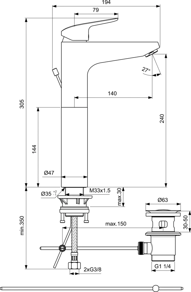 Baterie lavoar Ideal Standard Ceraflex B1872, 3/8'', marimea XL, monocomanda, cartus ceramic, pop-up metalic, crom [1]