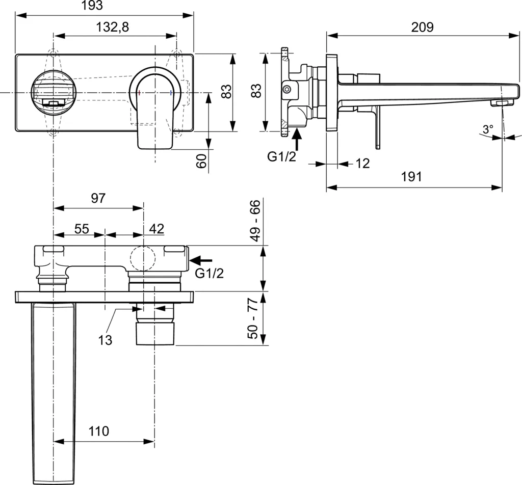 Baterie lavoar Ideal Standard Edge A7116AA, 1/2'', marimea L, monocomanda, montare pe perete, necesita set fixare, crom [2]