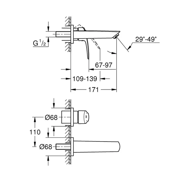 Baterie lavoar Grohe 29337003, Eurosmart, tip comanda monocomanda, tip instalare pe perete, marime m, crom [1]